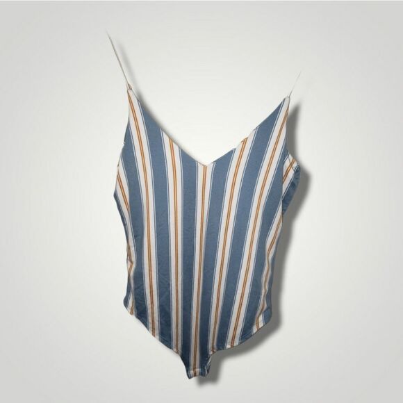 Gaze Women's Spaghetti Strap Snap Blue Vertical Stripe Bodysuit Size XS - Picture 4 of 8